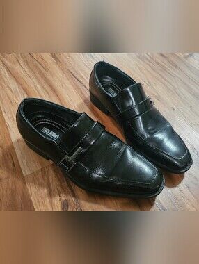 Men's Stacy Adams Black Leather Slip-On Loafers with Metal Accent Size 8